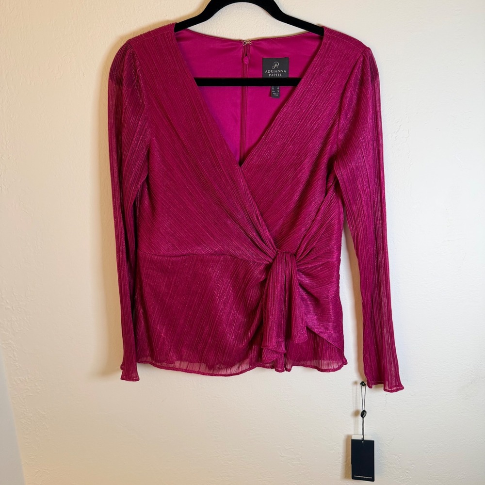 NWT Adrianna Papell Women's L Magenta Metallic Mesh‎ Top Peplum 80s/90s Vibes
